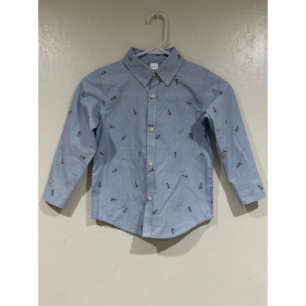 Carters Toddler Boys Blue Pinstripe Paper Airplane Button Down Shirt 5T 2P546410